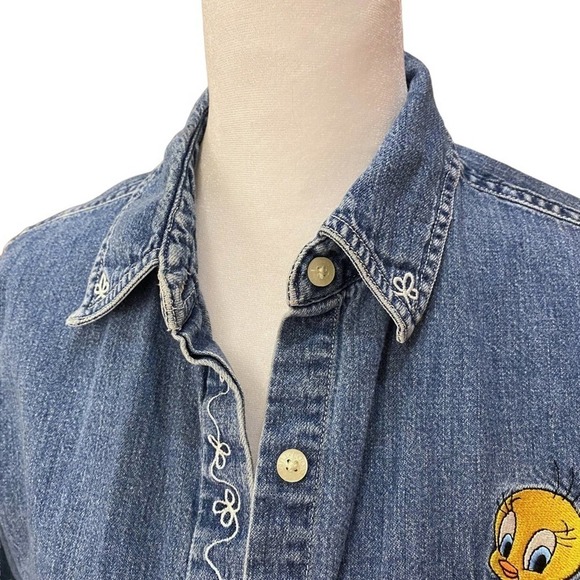Warner bros looney tunes tweety bird denim y2k pocket button down shirt small - Picture 4 of 11